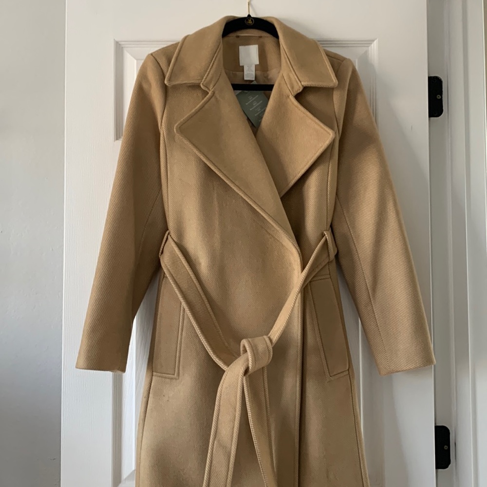 NEW! H&M Tan Camel Dad Coat Overcoat Trench Winter Coat Duster Wrap Coat